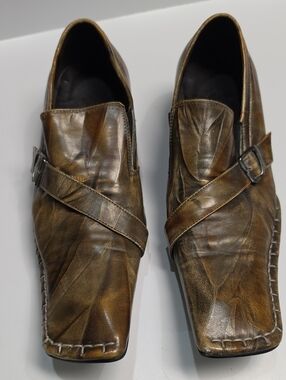 Vintage Zota Distressed Brown Leather Square Toe Monk Strap Loafers - Size 10